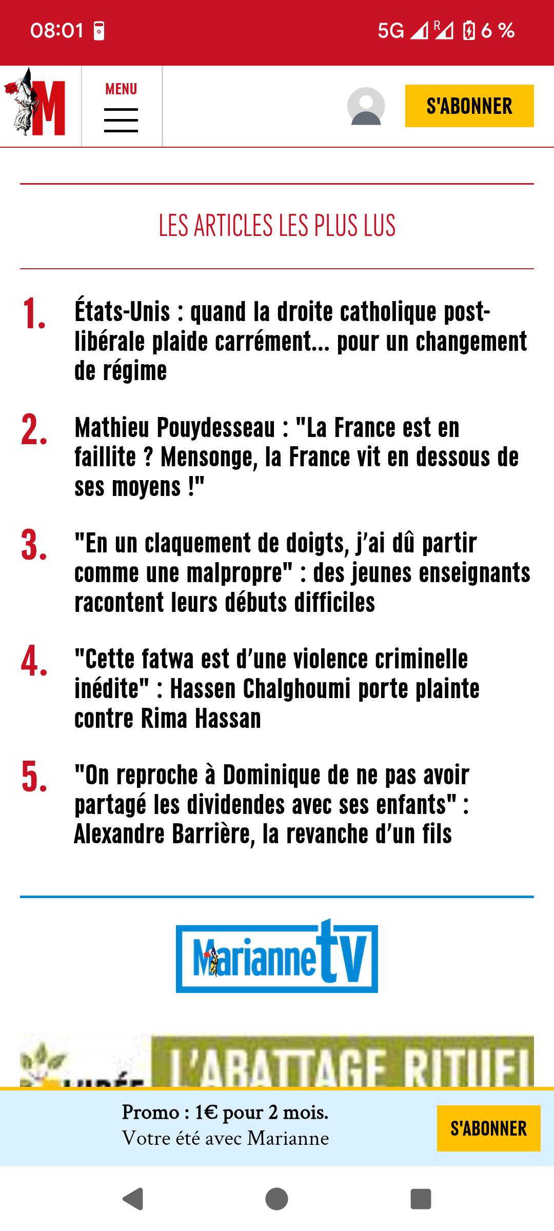 Mon article dans Marianne, deuxième plus lu d&rsquo;hier